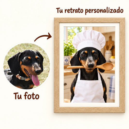 De una foto de tu perro a su retrato Chef con Cuchara en marco natural.