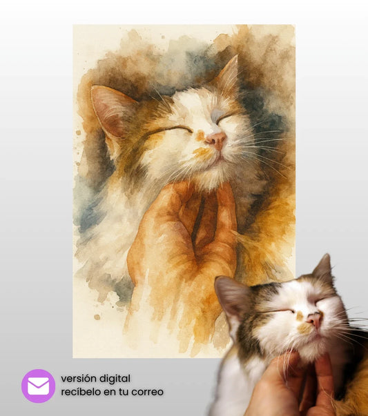 Retrato digital Acuarela de un gato junto a su fotografía