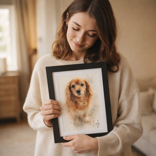 Persona sosteniendo un cuadro Acuarela de su perro