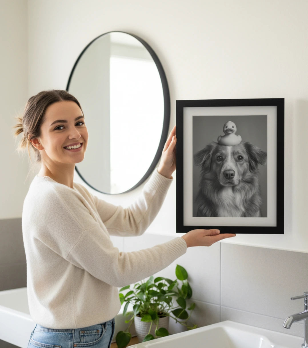 Retrato Enmarcado Mascota Decorativo para Baño – Toalla o Patito de Hule