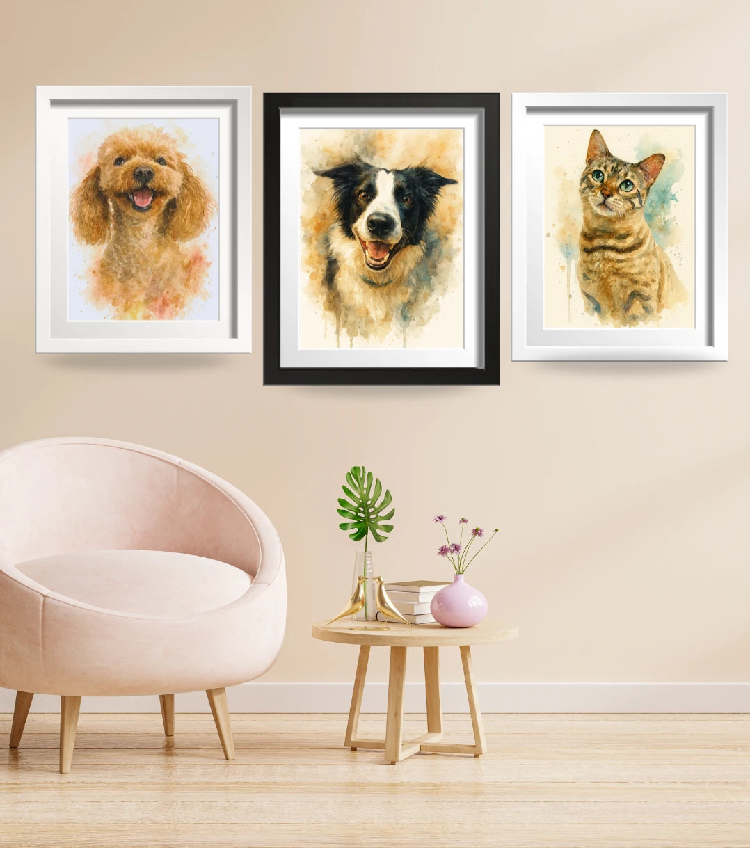 Retrato Enmarcado Mascota Personalizado Estilo Acuarela