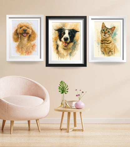 Retrato Enmarcado Mascota Personalizado Estilo Acuarela