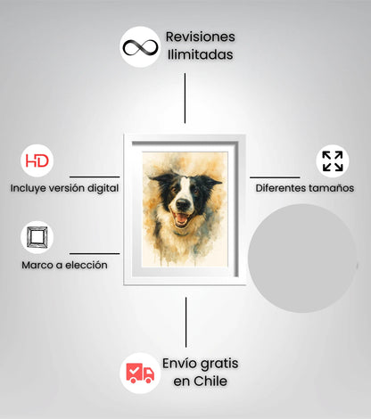 Retrato Enmarcado Mascota Personalizado Estilo Acuarela