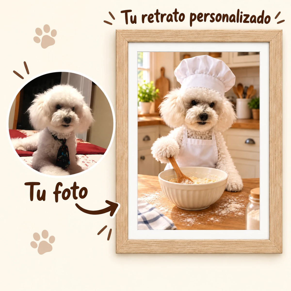 De una foto de Balú a su retrato Chef Cocinando con cuchara y bol, enmarcado en tono natural.