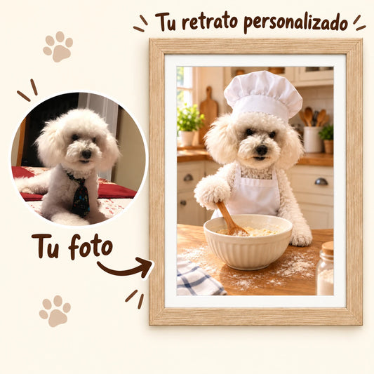 De una foto de Balú a su retrato Chef Cocinando con cuchara y bol, enmarcado en tono natural.