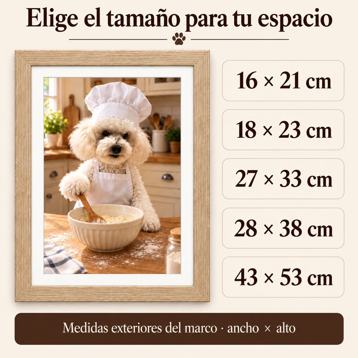 Medidas exteriores de marcos para Chef Cocinando: 16 × 21, 18 × 23, 27 × 33, 28 × 38 y 43 × 53 cm; ancho por alto.