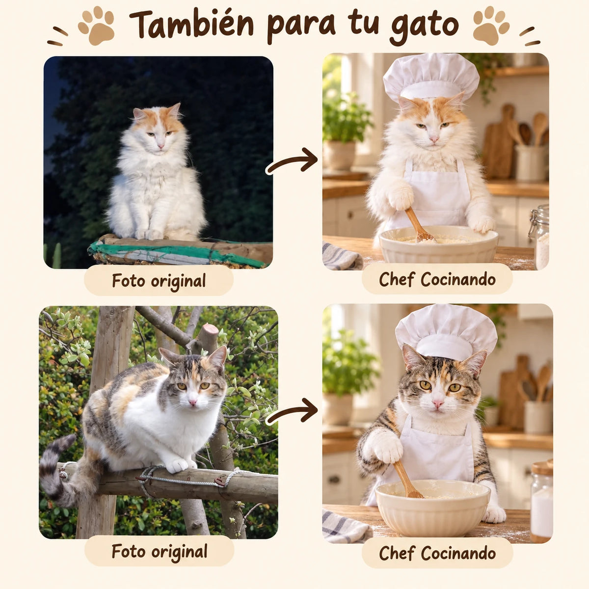 Fotos de dos gatos y sus retratos personalizados Chef Cocinando.