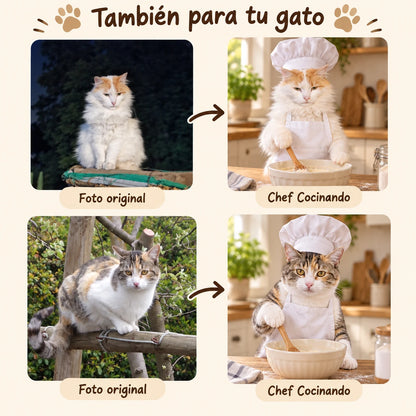 Fotos de dos gatos y sus retratos personalizados Chef Cocinando.
