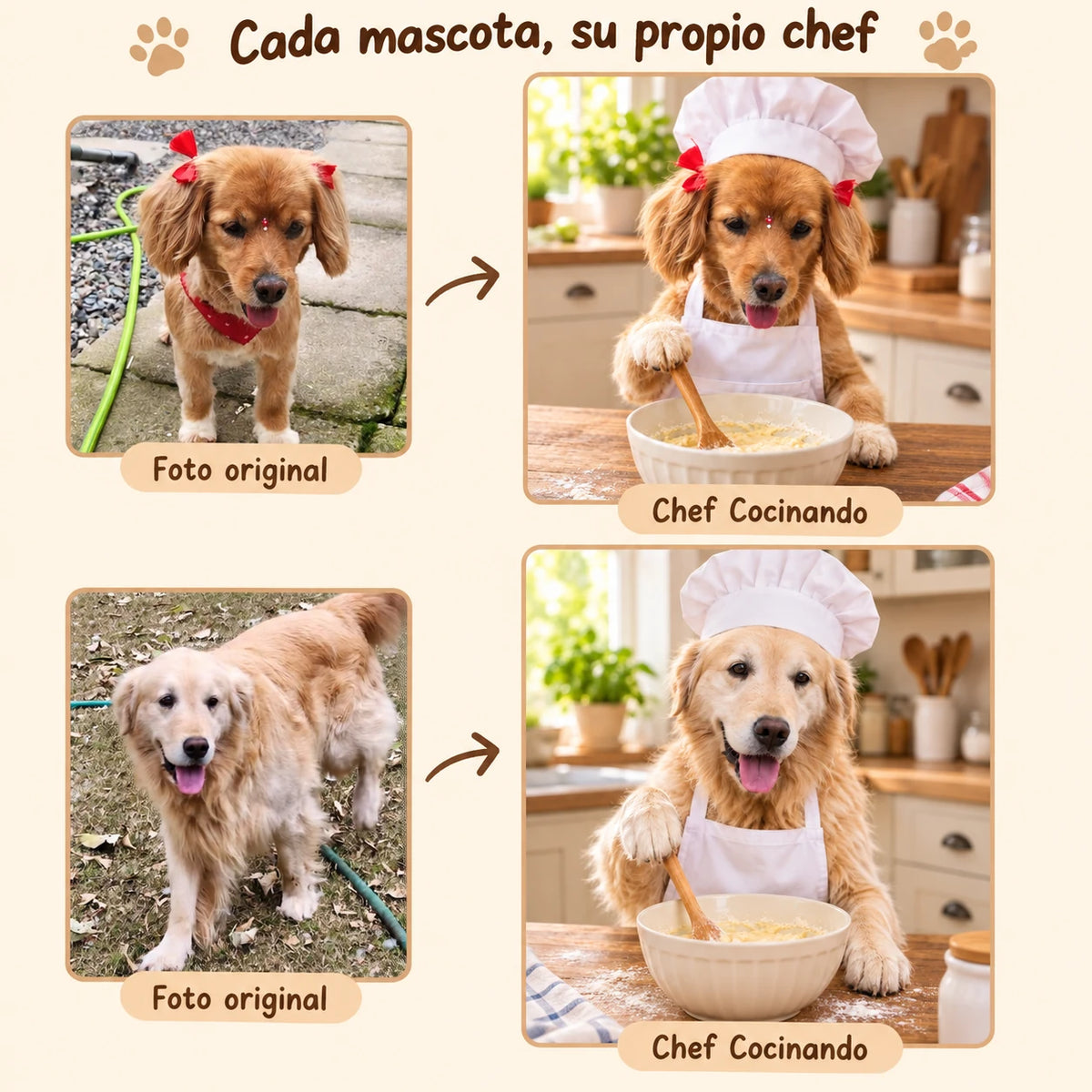 Fotos de dos perros y sus retratos personalizados Chef Cocinando con cuchara y bol.