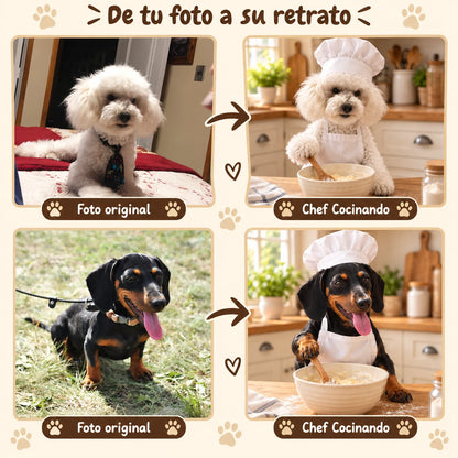 Fotos de Balú y de un perro negro y fuego junto a sus retratos Chef Cocinando.