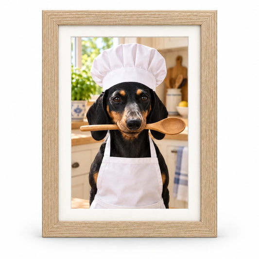 Retrato Chef con Cuchara de perro negro y fuego, enmarcado en tono natural con paspartú blanco.