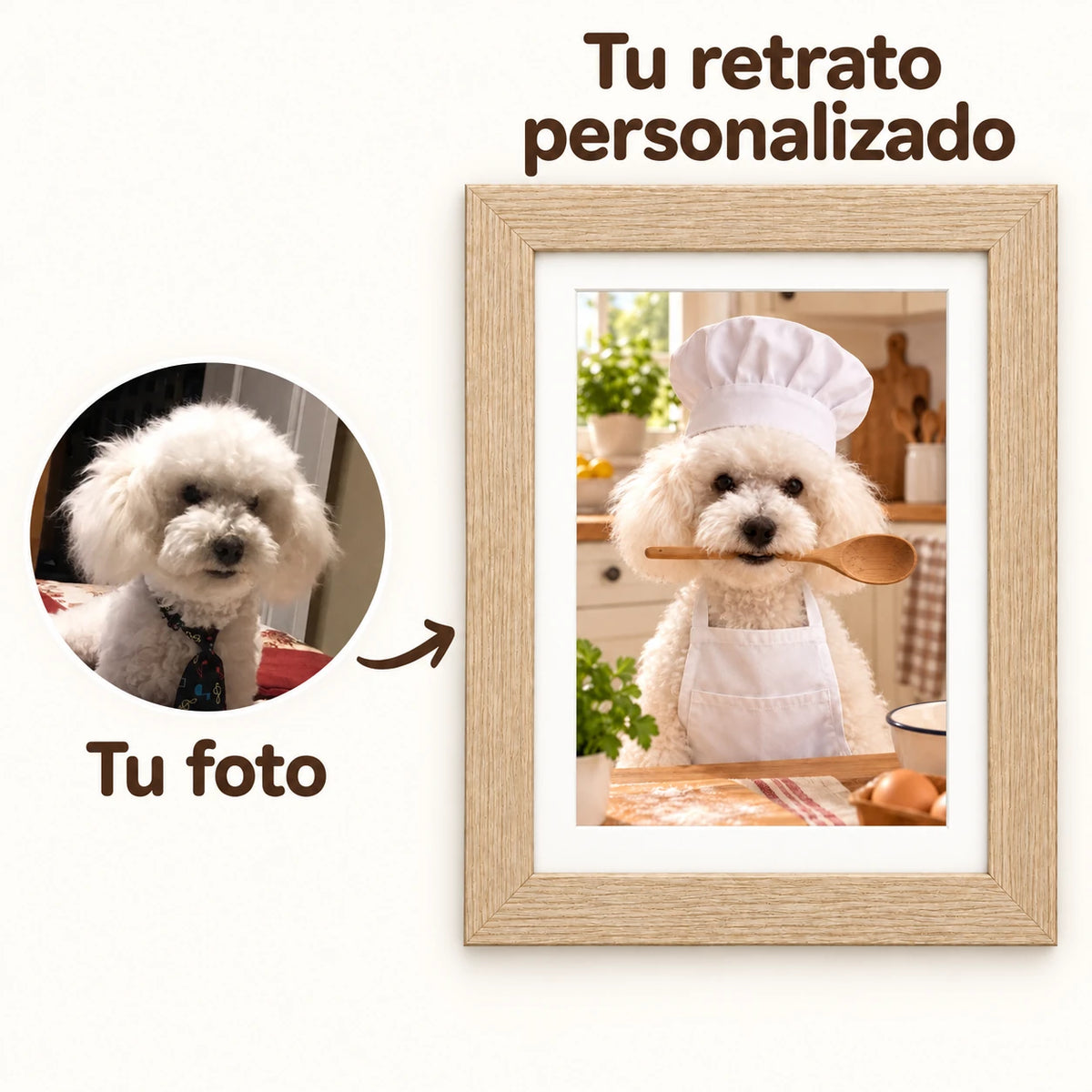 Foto de Balú y ejemplo de su retrato personalizado Chef con Cuchara enmarcado.