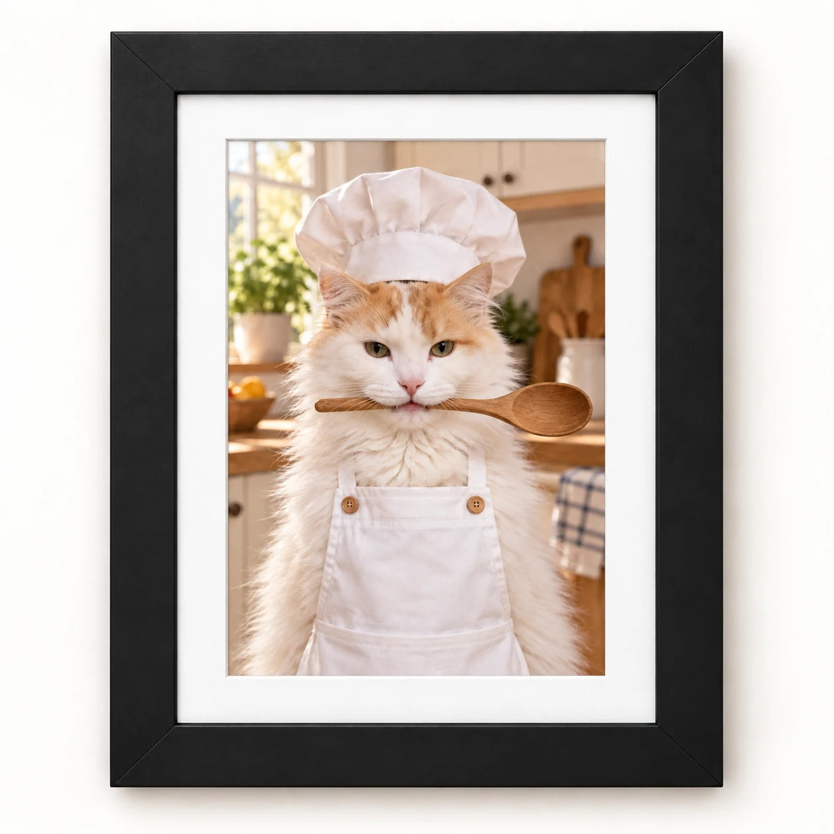 Ejemplo de gato blanco y naranjo en estilo Chef con Cuchara con marco negro.