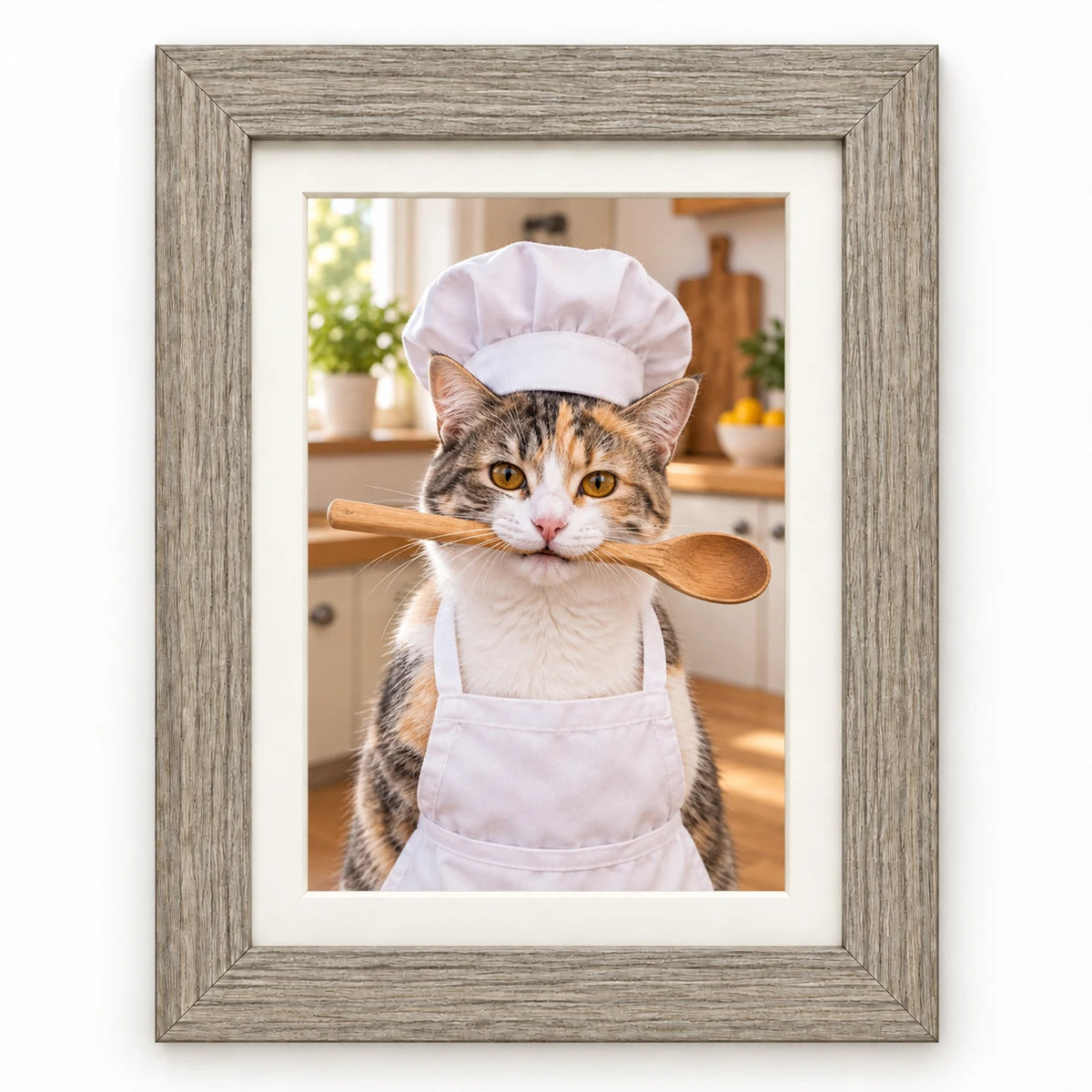 Ejemplo de gato tricolor en estilo Chef con Cuchara con marco gris.