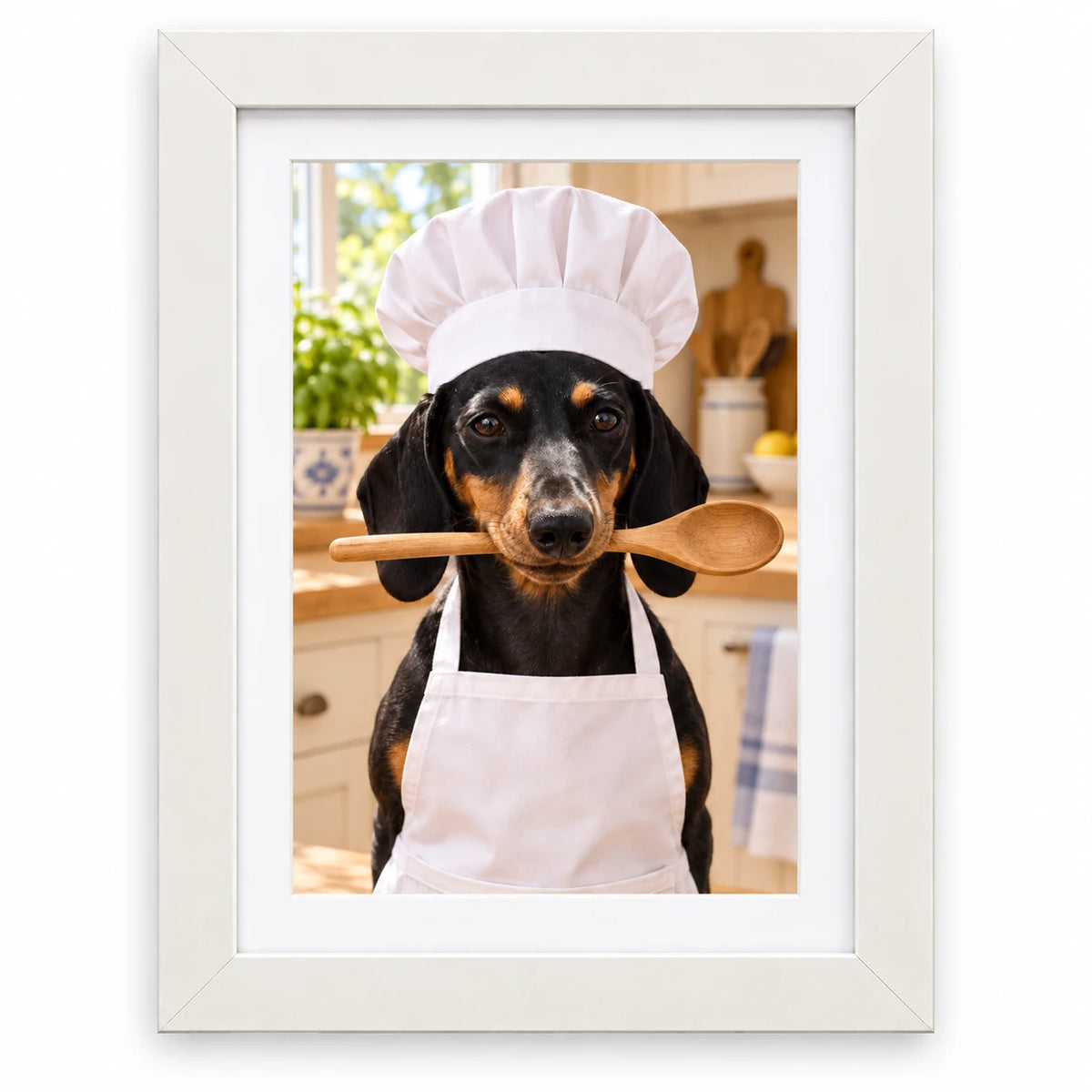 Retrato de perro Chef con Cuchara con marco blanco y paspartú.