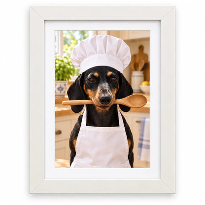 Retrato de perro Chef con Cuchara con marco blanco y paspartú.