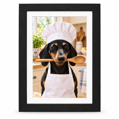 Retrato de perro Chef con Cuchara con marco negro y paspartú blanco.