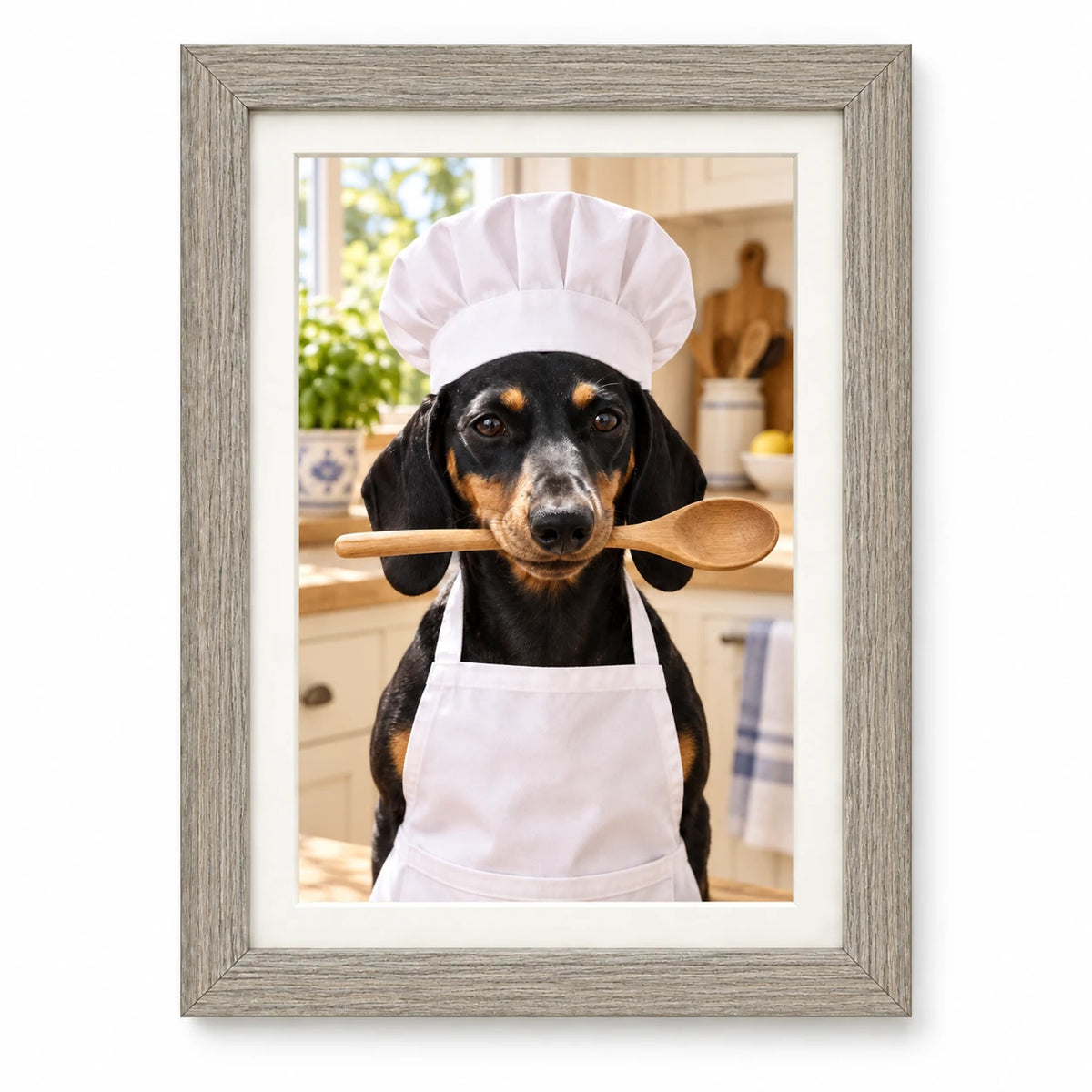Retrato de perro Chef con Cuchara con marco gris y paspartú blanco.