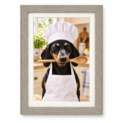 Retrato de perro Chef con Cuchara con marco gris y paspartú blanco.