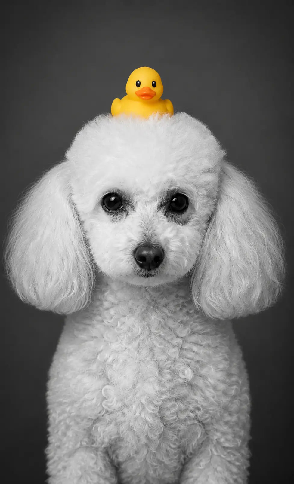 Retrato Patito Clásico de un perro blanco con patito de goma amarillo